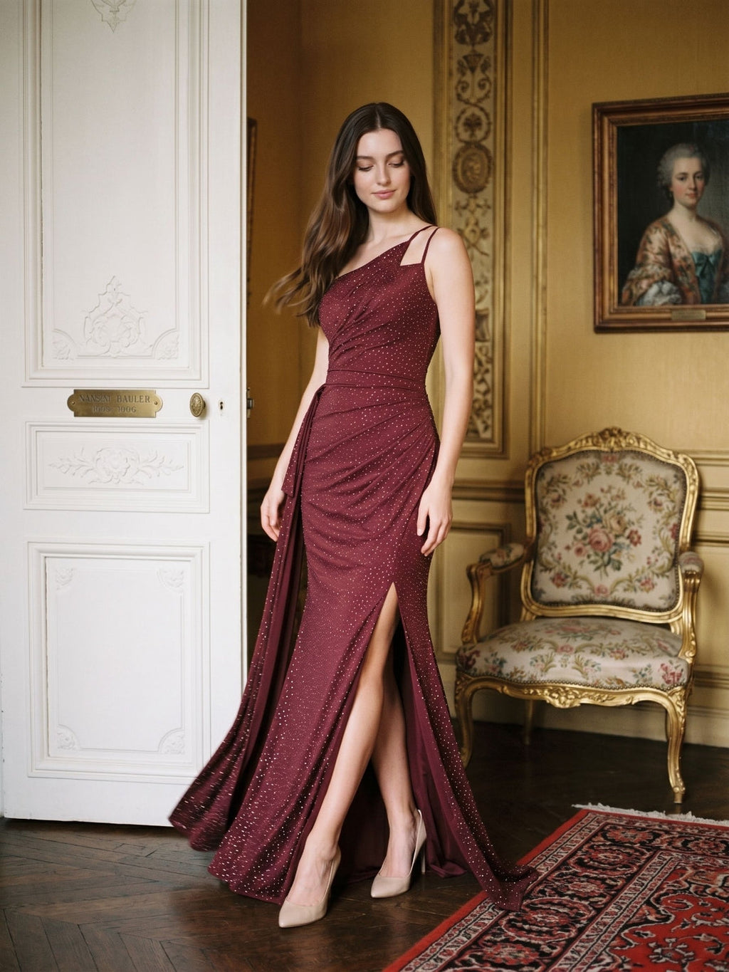 Cabernet Satin Sheath One Shoulder Back Zip Floor-Length Dress with Pleating - Curvevia