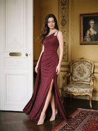 Cabernet Satin Sheath One Shoulder Back Zip Floor-Length Dress with Pleating - Curvevia