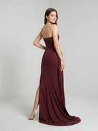 Cabernet Satin Sheath One Shoulder Back Zip Floor-Length Dress with Pleating - Curvevia