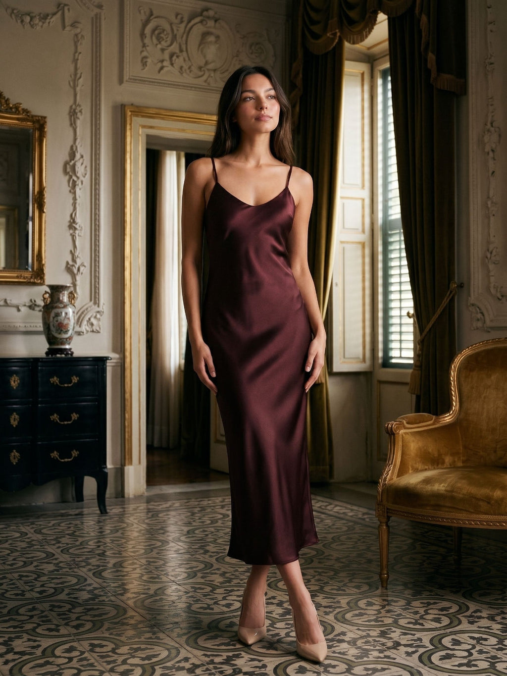 Cabernet Satin Sheath Scoop Neck Backless Ankle-Length Formal Dress - Curvevia