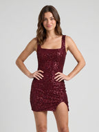 Cabernet Sequins Sheath Square Neck Backless Short Sequin Homecoming Dress - Curvevia