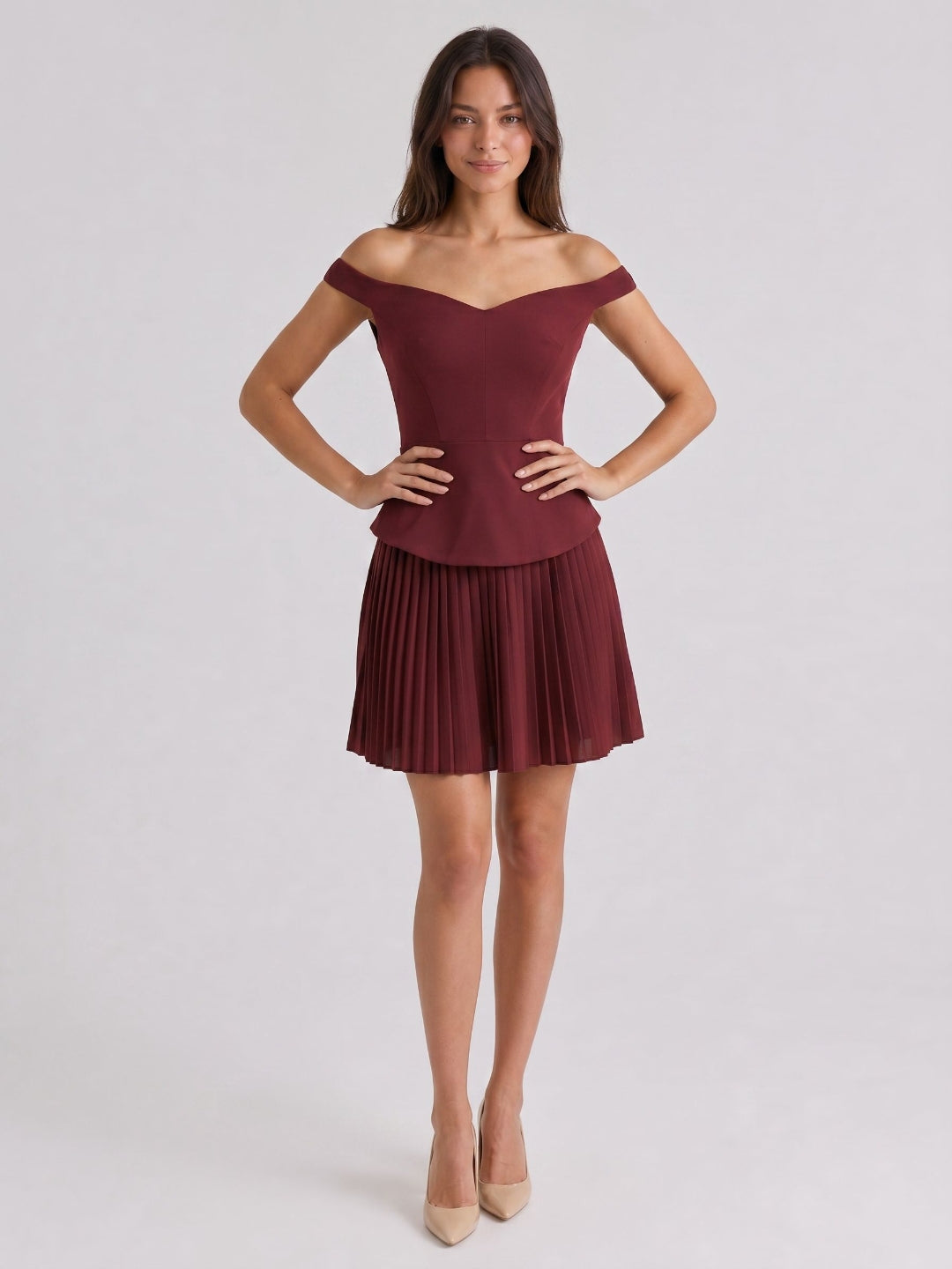 Cabernet Stretch Knit A-Line Off-the-Shoulder Back Zip Short Dress with Pleating - Curvevia