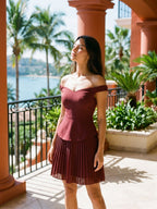 Cabernet Stretch Knit A-Line Off-the-Shoulder Back Zip Short Dress with Pleating - Curvevia