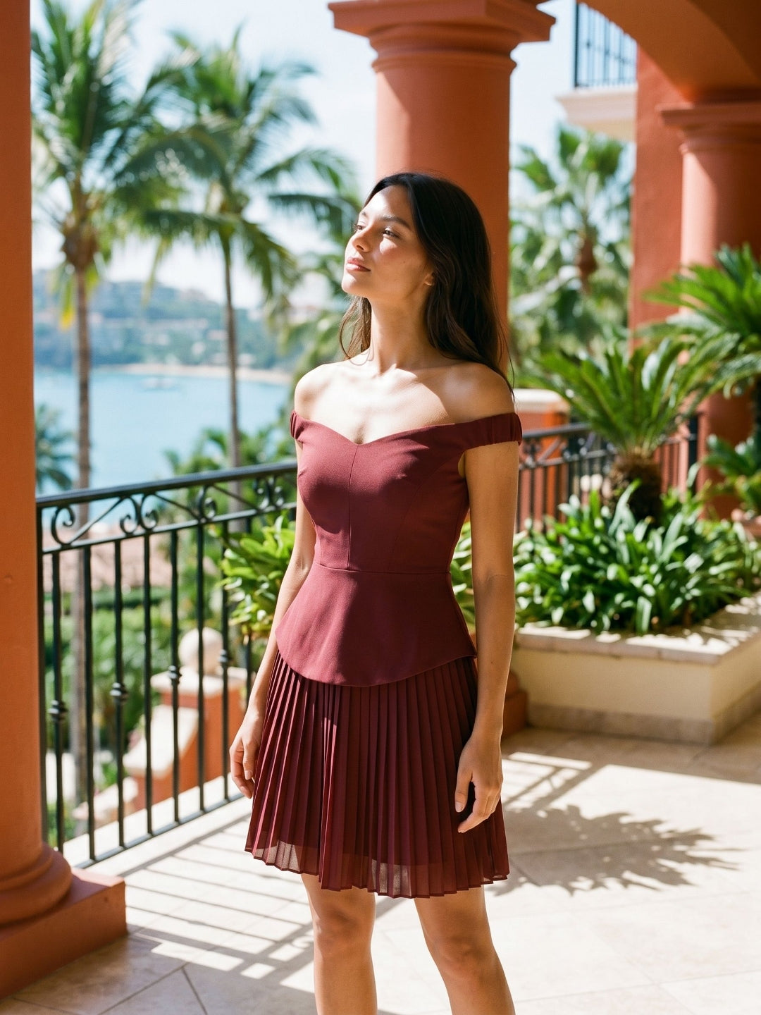 Cabernet Stretch Knit A-Line Off-the-Shoulder Back Zip Short Dress with Pleating - Curvevia