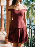 Cabernet Stretch Knit A-Line Off-the-Shoulder Back Zip Short Dress with Pleating - Curvevia
