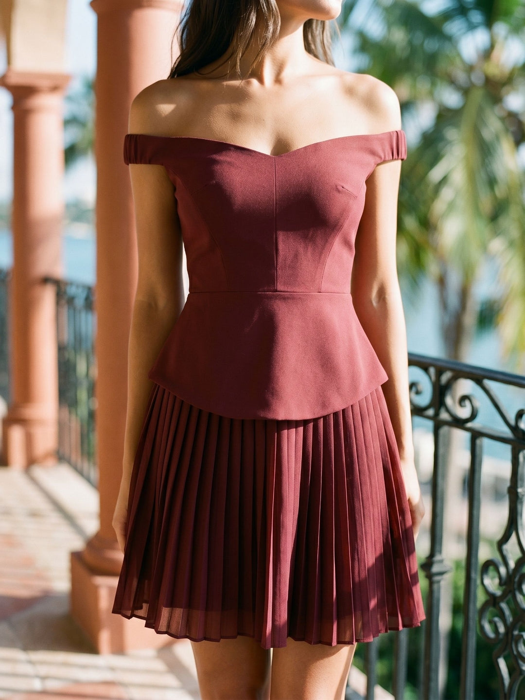 Cabernet Stretch Knit A-Line Off-the-Shoulder Back Zip Short Dress with Pleating - Curvevia