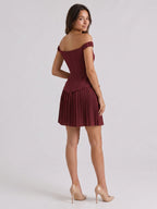 Cabernet Stretch Knit A-Line Off-the-Shoulder Back Zip Short Dress with Pleating - Curvevia