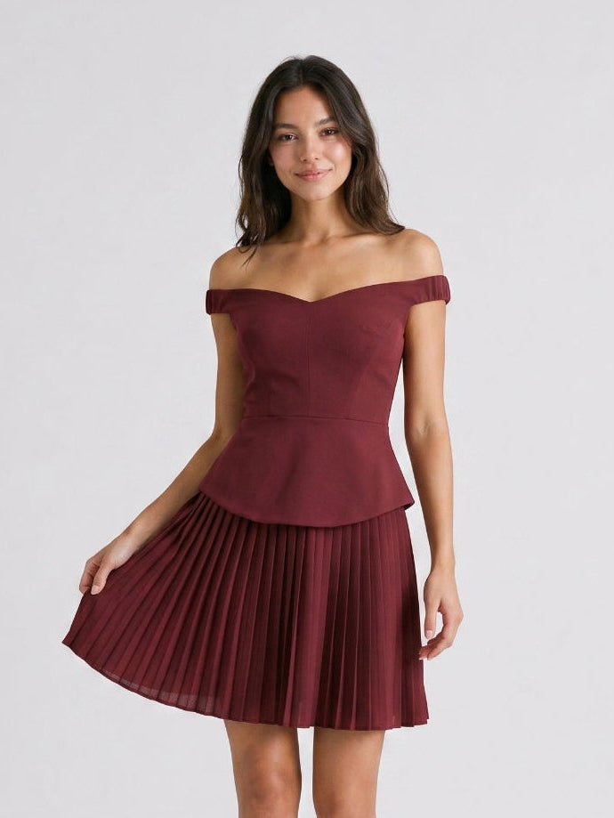 Cabernet Stretch Knit A-Line Off-the-Shoulder Back Zip Short Dress with Pleating - Curvevia