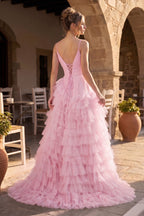A-Line Spaghetti Straps Tiered Tulle Wedding Guest Dress - Curvevia
