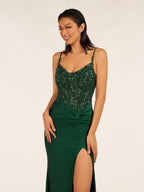 Green V Neck Beading Satin Long Slit Evening Dress - Curvevia