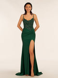 Green V Neck Beading Satin Long Slit Evening Dress - Curvevia