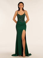 Green V Neck Beading Satin Long Slit Evening Dress - Curvevia
