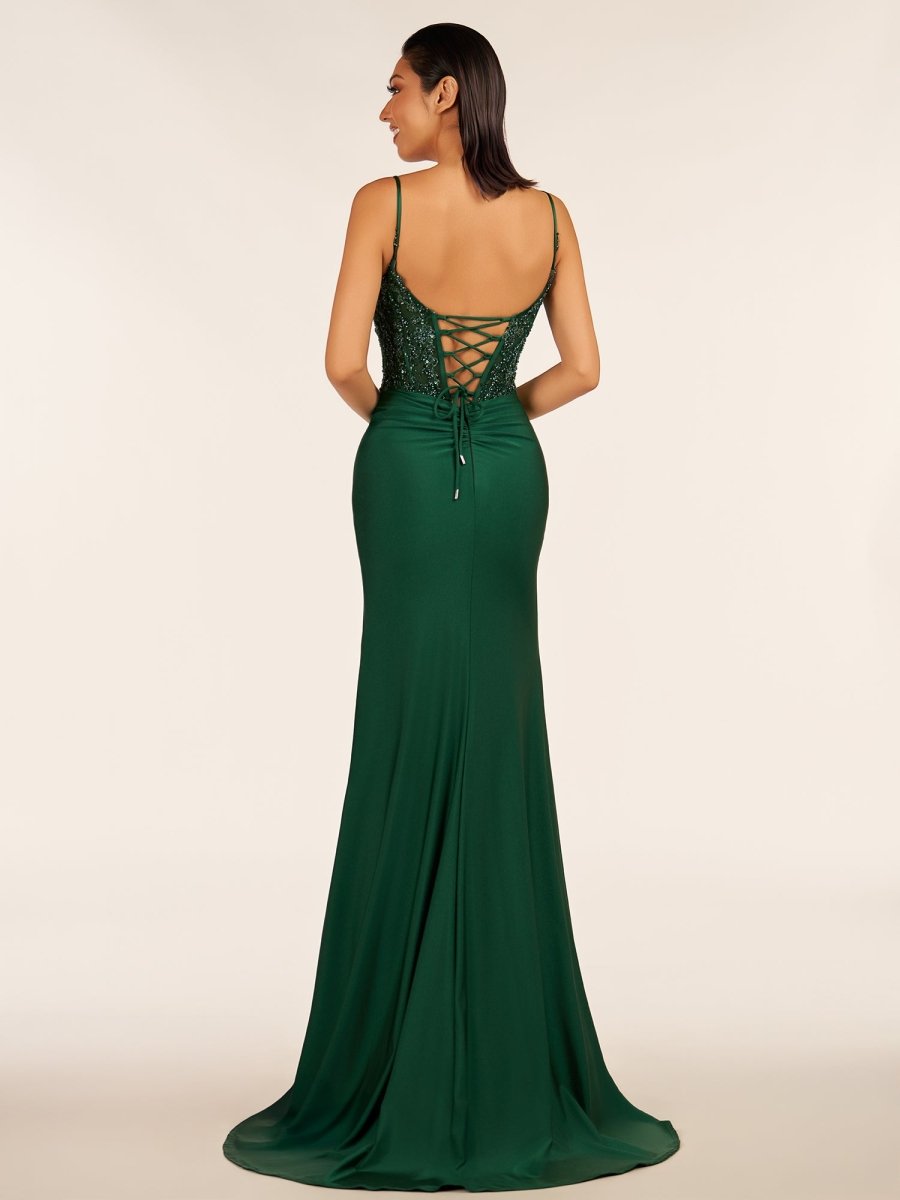 Green V Neck Beading Satin Long Slit Evening Dress - Curvevia
