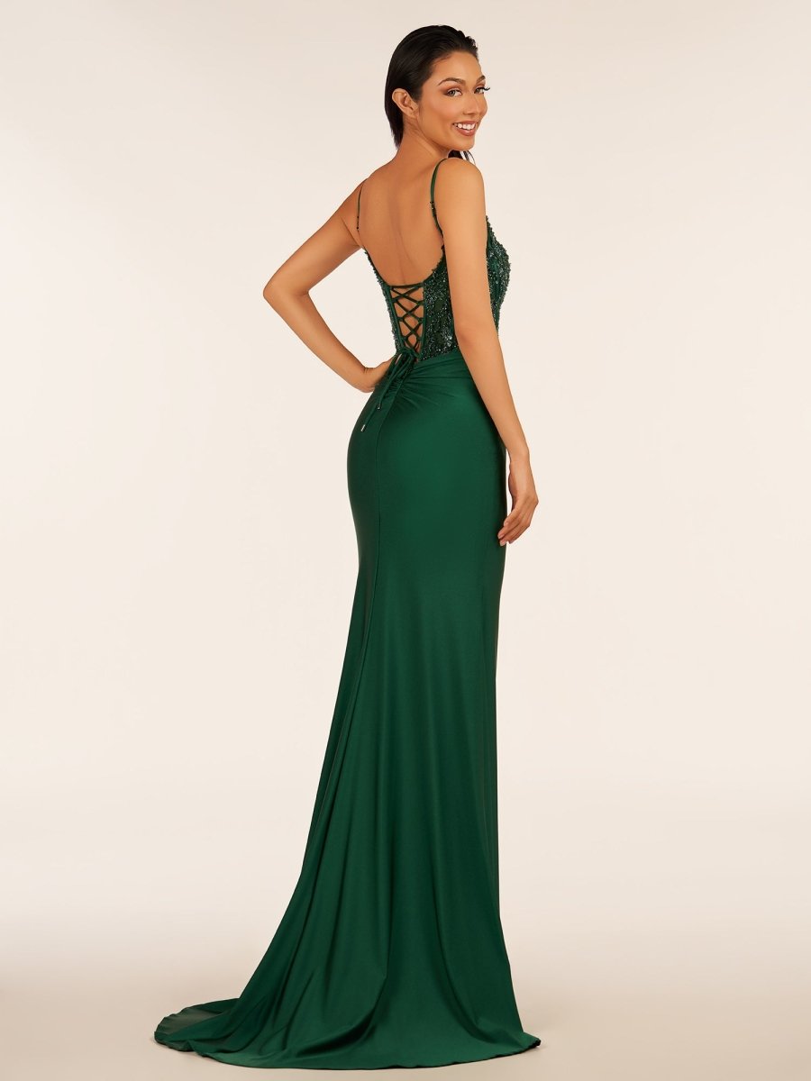Green V Neck Beading Satin Long Slit Evening Dress - Curvevia
