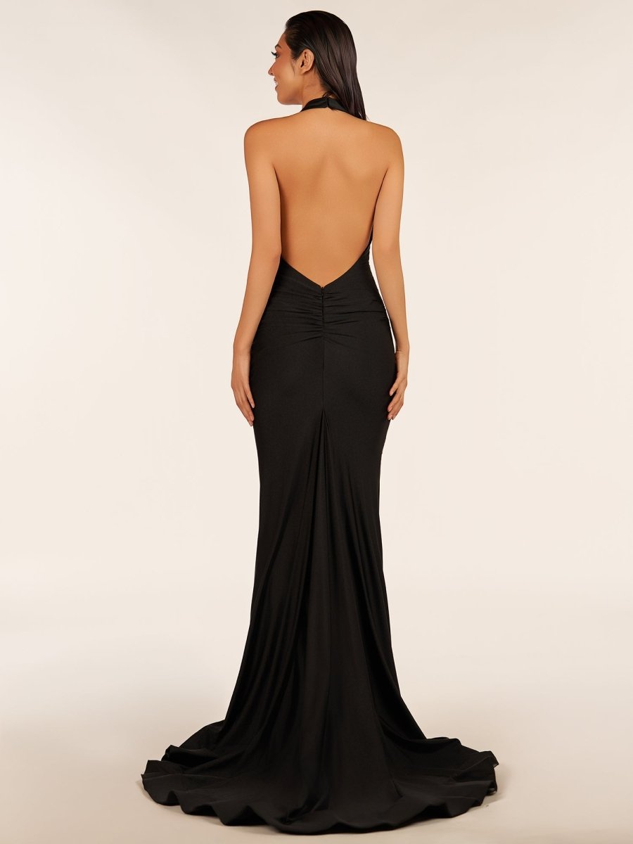 Simple Black Halter Backless Mermaid Long Evening Dress - Curvevia