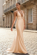 Plunge Neck Light Pink Mermaid Satin Long Evening Dress - Curvevia