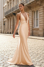 Plunge Neck Light Pink Mermaid Satin Long Evening Dress - Curvevia