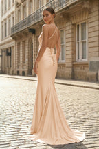 Plunge Neck Light Pink Mermaid Satin Long Evening Dress - Curvevia
