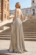 Metallic Keyhole Spaghetti Strap Long Evening Dress with Slit - Curvevia