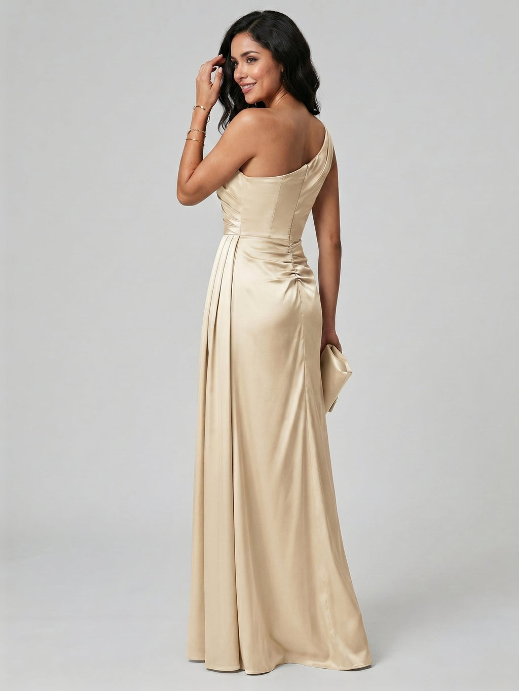 Elegant Champagne Satin A-Line One Shoulder Back Zip with nan Ankle-Length Plus Size Bridesmaid Dress - Curvevia