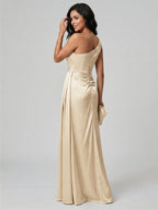 Elegant Champagne Satin A-Line One Shoulder Back Zip with nan Ankle-Length Plus Size Bridesmaid Dress - Curvevia