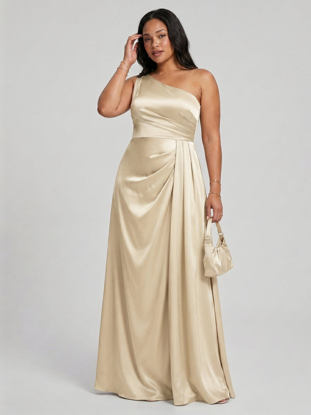 Elegant Champagne Satin A-Line One Shoulder Back Zip with nan Ankle-Length Plus Size Bridesmaid Dress - Curvevia