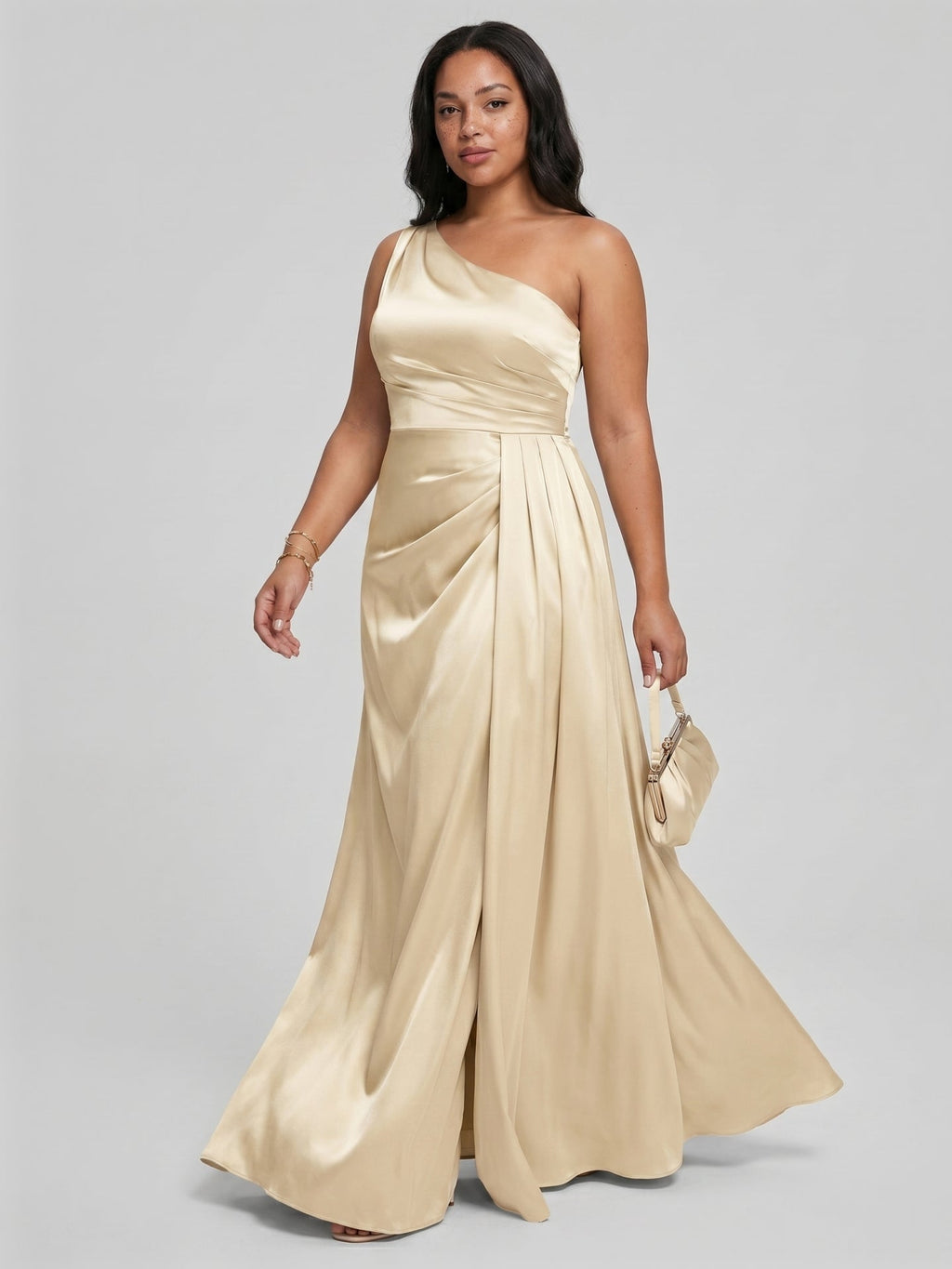 Elegant Champagne Satin A-Line One Shoulder Back Zip with nan Ankle-Length Plus Size Bridesmaid Dress - Curvevia