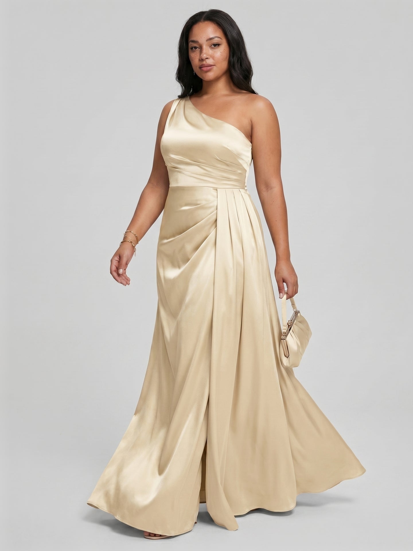 Elegant Champagne Satin A-Line One Shoulder Back Zip with nan Ankle-Length Plus Size Bridesmaid Dress - Curvevia
