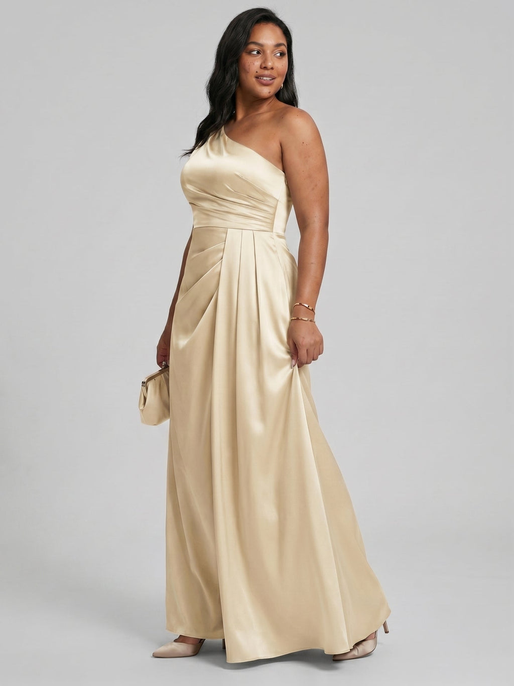 Elegant Champagne Satin A-Line One Shoulder Back Zip with nan Ankle-Length Plus Size Bridesmaid Dress - Curvevia