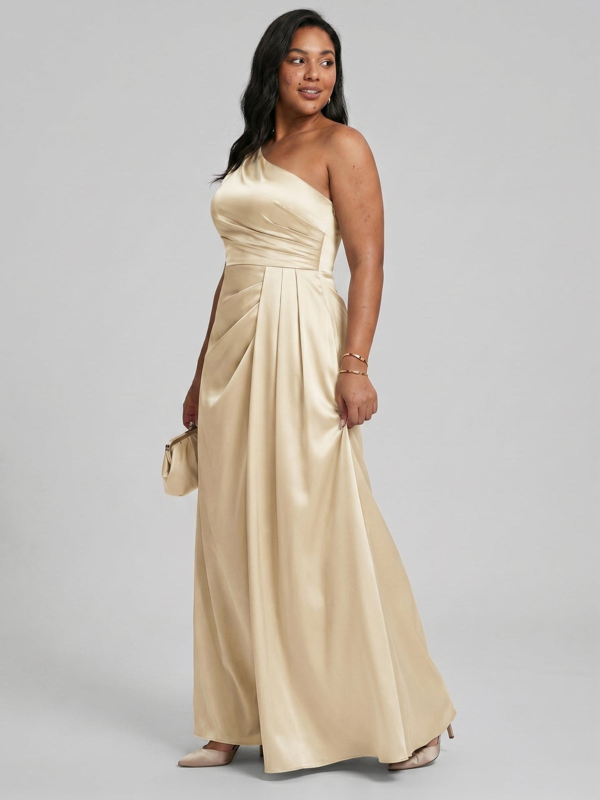 Elegant Champagne Satin A-Line One Shoulder Back Zip with nan Ankle-Length Plus Size Bridesmaid Dress - Curvevia