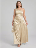Elegant Champagne Satin A-Line One Shoulder Back Zip with nan Ankle-Length Plus Size Bridesmaid Dress - Curvevia