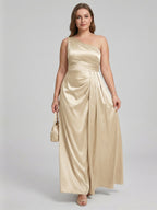 Elegant Champagne Satin A-Line One Shoulder Back Zip with nan Ankle-Length Plus Size Bridesmaid Dress - Curvevia
