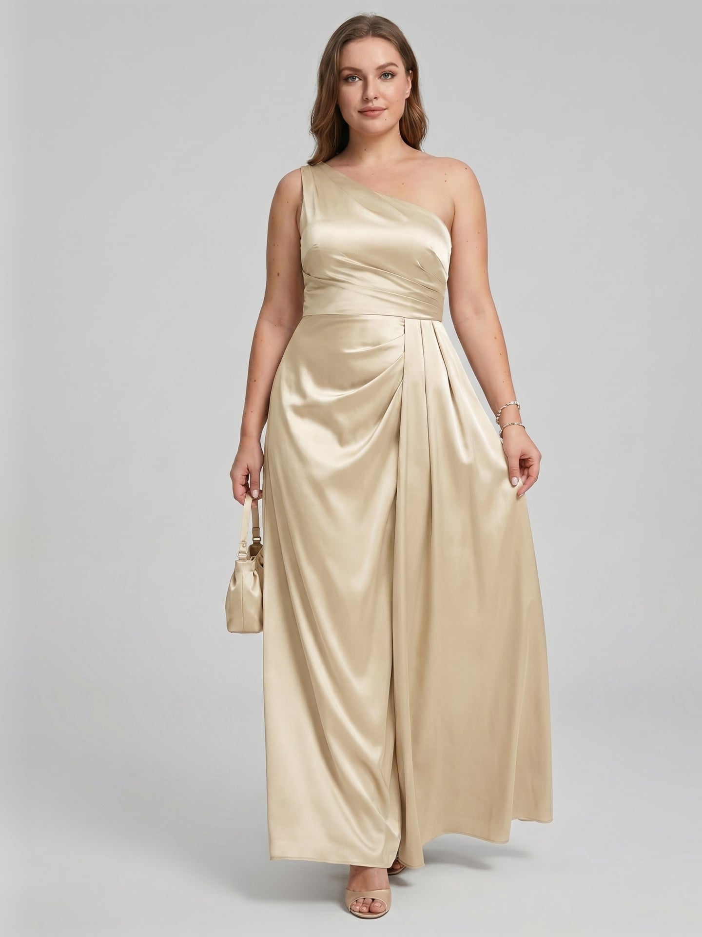 Elegant Champagne Satin A-Line One Shoulder Back Zip with nan Ankle-Length Plus Size Bridesmaid Dress - Curvevia