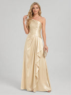 Elegant Champagne Satin A-Line Straight Neck Side Zip with Sash Detail Ankle-Length Bridesmaid Dress - Curvevia