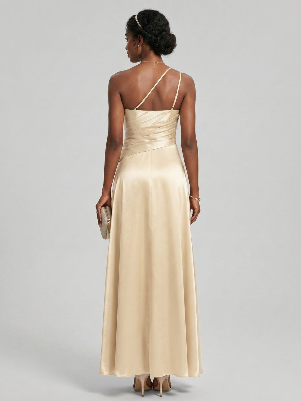 Elegant Champagne Satin A-Line Straight Neck Side Zip with Sash Detail Ankle-Length Bridesmaid Dress - Curvevia