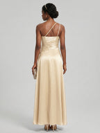 Elegant Champagne Satin A-Line Straight Neck Side Zip with Sash Detail Ankle-Length Bridesmaid Dress - Curvevia