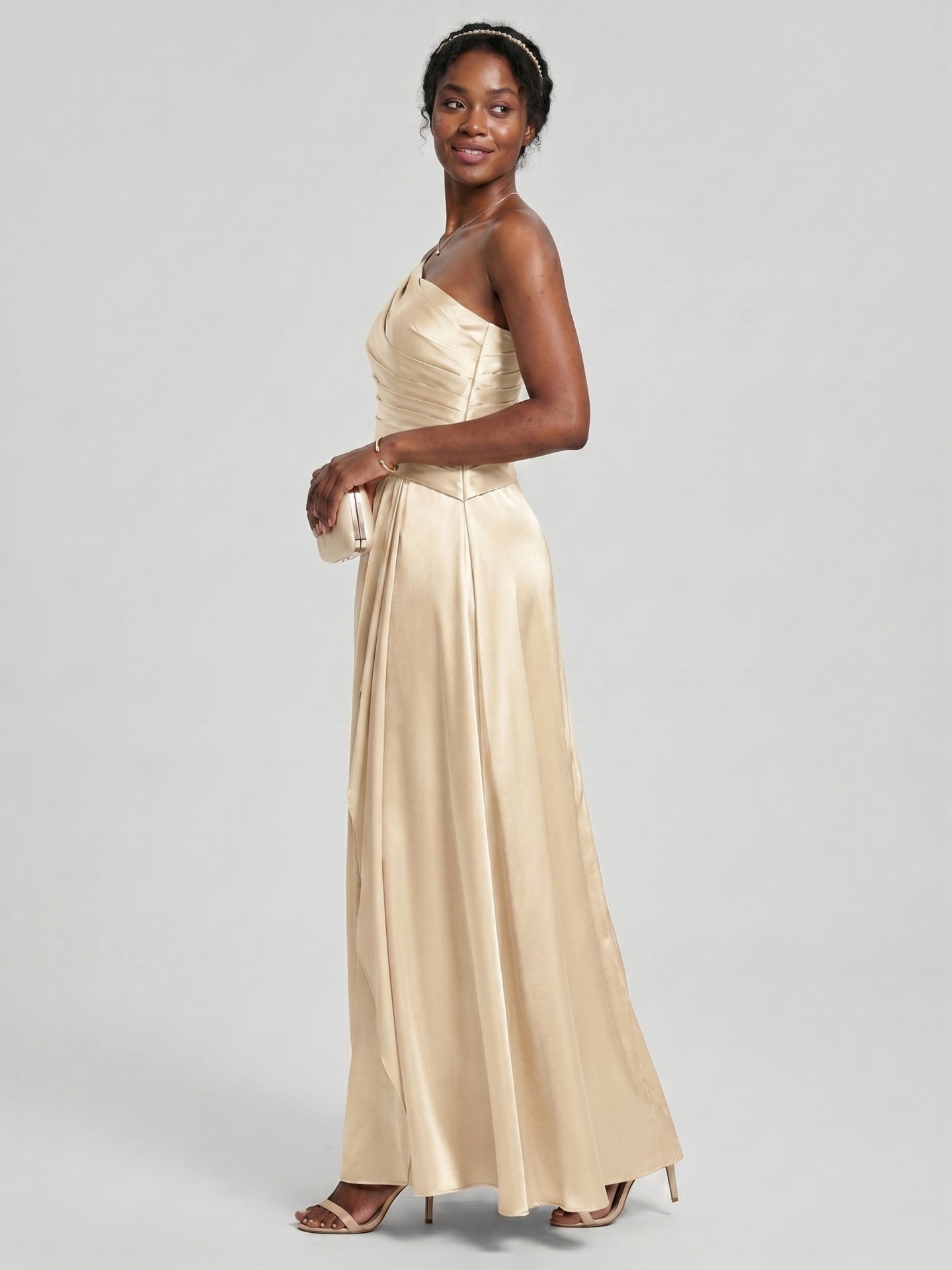 Elegant Champagne Satin A-Line Straight Neck Side Zip with Sash Detail Ankle-Length Bridesmaid Dress - Curvevia