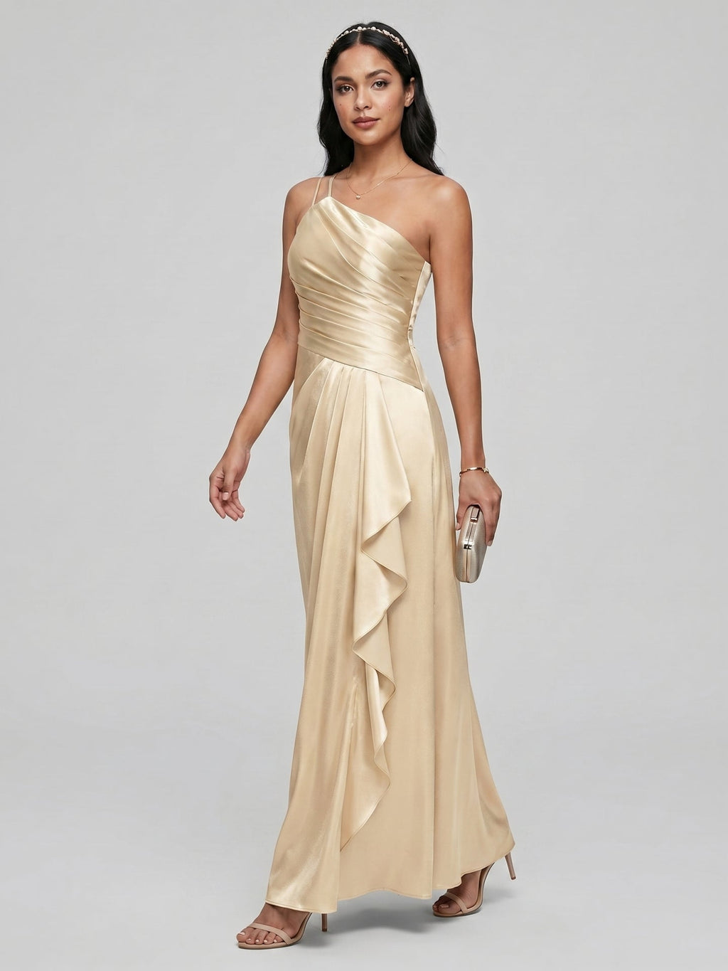 Elegant Champagne Satin A-Line Straight Neck Side Zip with Sash Detail Ankle-Length Bridesmaid Dress - Curvevia