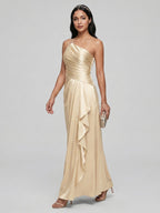 Elegant Champagne Satin A-Line Straight Neck Side Zip with Sash Detail Ankle-Length Bridesmaid Dress - Curvevia