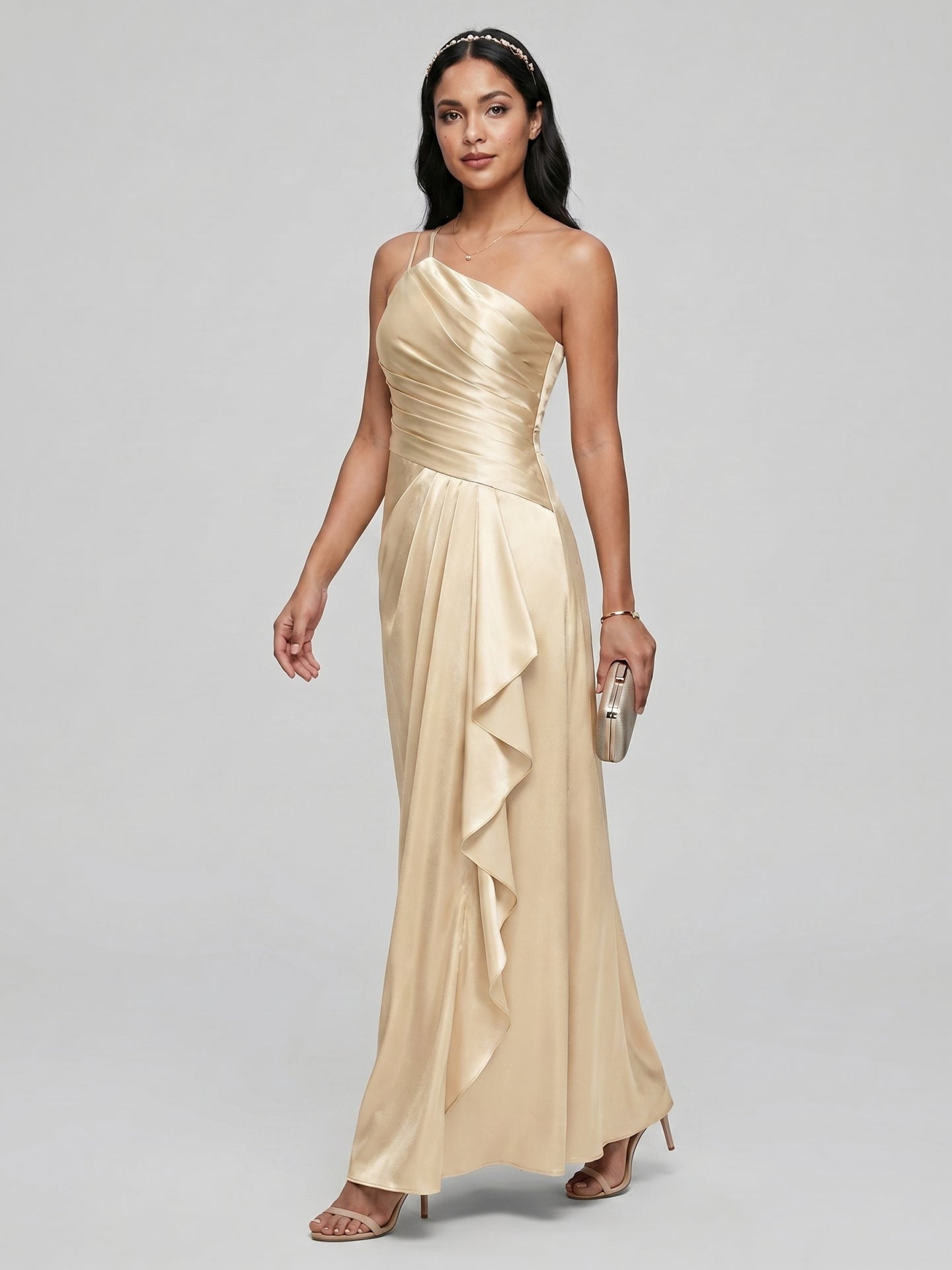 Elegant Champagne Satin A-Line Straight Neck Side Zip with Sash Detail Ankle-Length Bridesmaid Dress - Curvevia