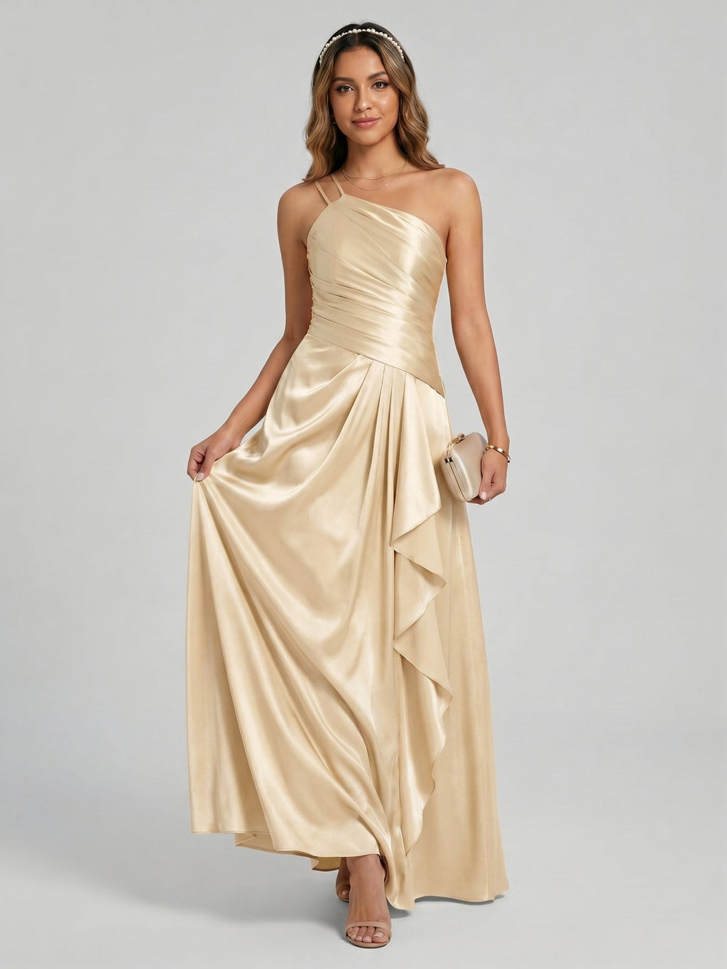 Elegant Champagne Satin A-Line Straight Neck Side Zip with Sash Detail Ankle-Length Bridesmaid Dress - Curvevia