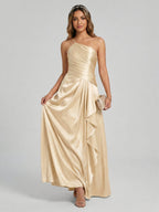 Elegant Champagne Satin A-Line Straight Neck Side Zip with Sash Detail Ankle-Length Bridesmaid Dress - Curvevia