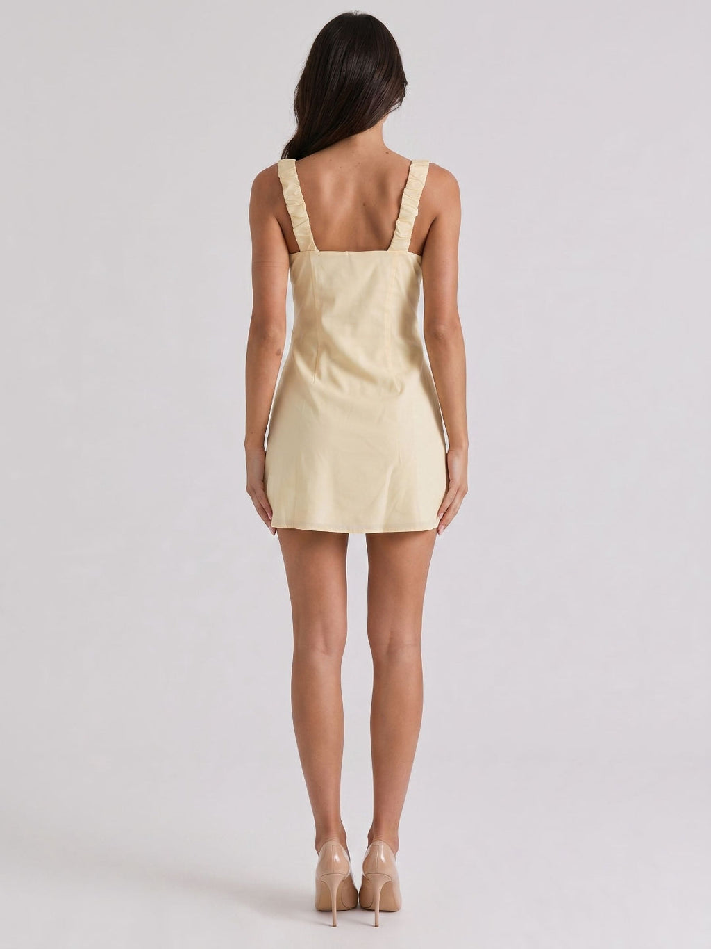 Champagne Chiffon A-Line Square Neck Backless Short Dress with Pleating - Curvevia