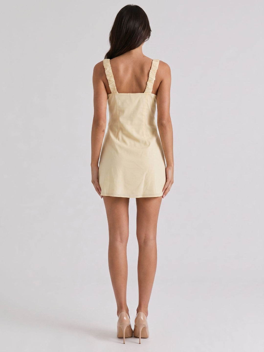 Champagne Chiffon A-Line Square Neck Backless Short Dress with Pleating - Curvevia