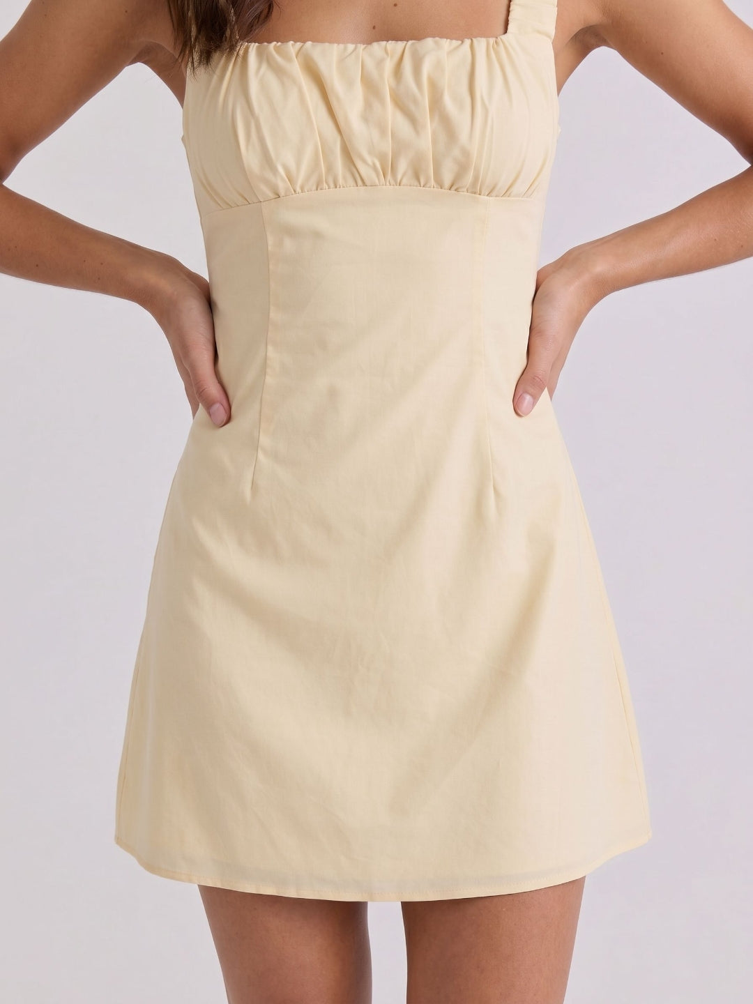 Champagne Chiffon A-Line Square Neck Backless Short Dress with Pleating - Curvevia