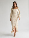 Champagne Matte Satin Sheath Square Neck Back Zip Ankle-Length Formal Dress with Pleating - Curvevia
