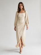 Champagne Matte Satin Sheath Square Neck Back Zip Ankle-Length Formal Dress with Pleating - Curvevia