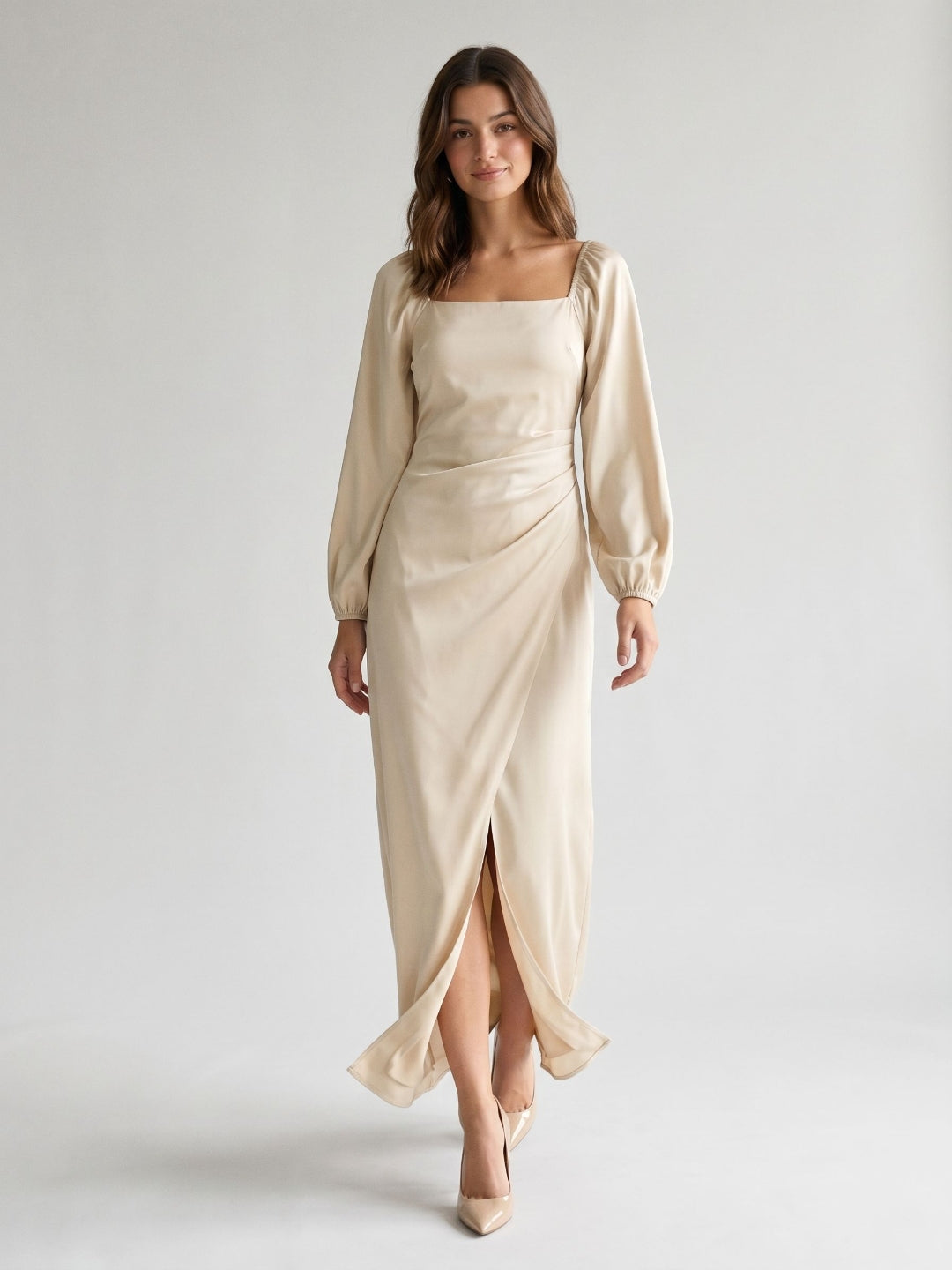 Champagne Matte Satin Sheath Square Neck Back Zip Ankle-Length Formal Dress with Pleating - Curvevia