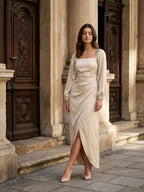 Champagne Matte Satin Sheath Square Neck Back Zip Ankle-Length Formal Dress with Pleating - Curvevia