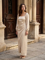 Champagne Matte Satin Sheath Square Neck Back Zip Ankle-Length Formal Dress with Pleating - Curvevia